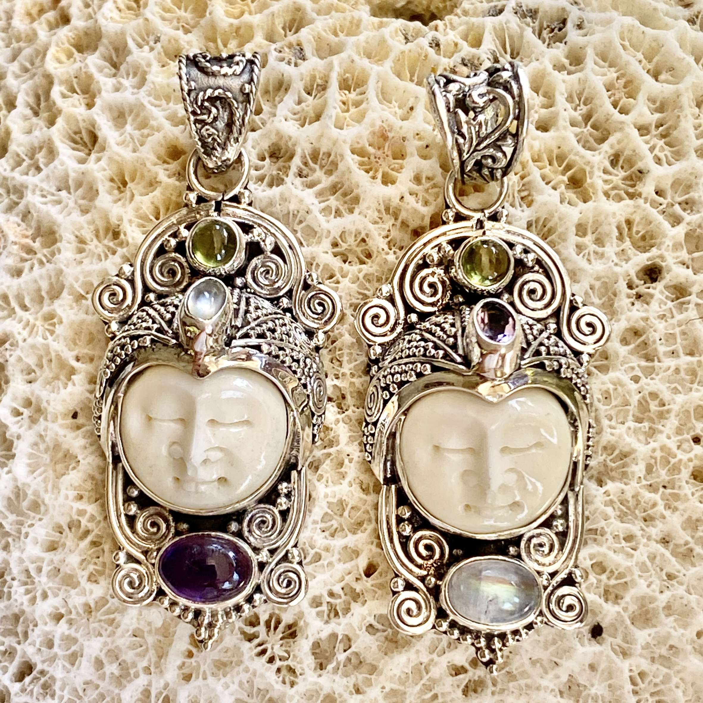 (HANDMADE 925 BALI SILVER BONE FACE PEANDANTS WITH MIX STONES)